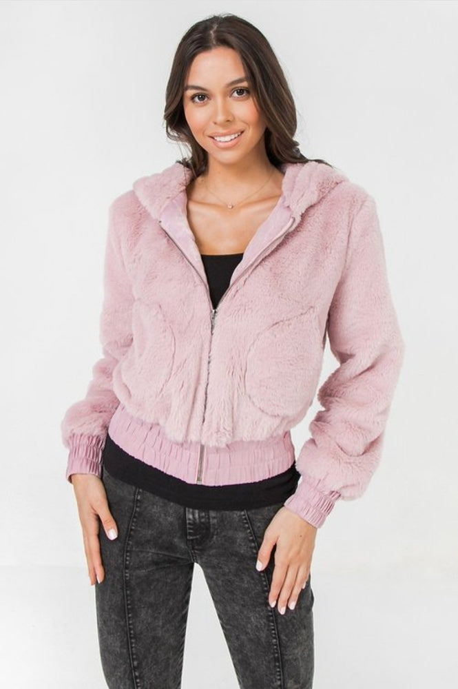 
                      
                        Mauve Color Faux  Hooded Bomber Jacket
                      
                    