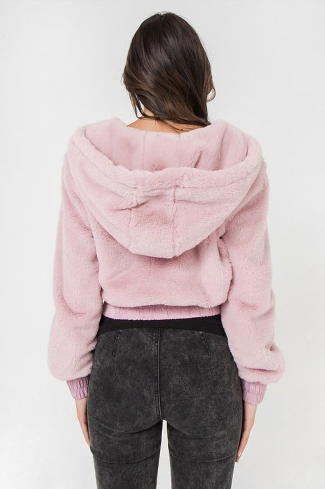 Mauve Color Faux  Hooded Bomber Jacket