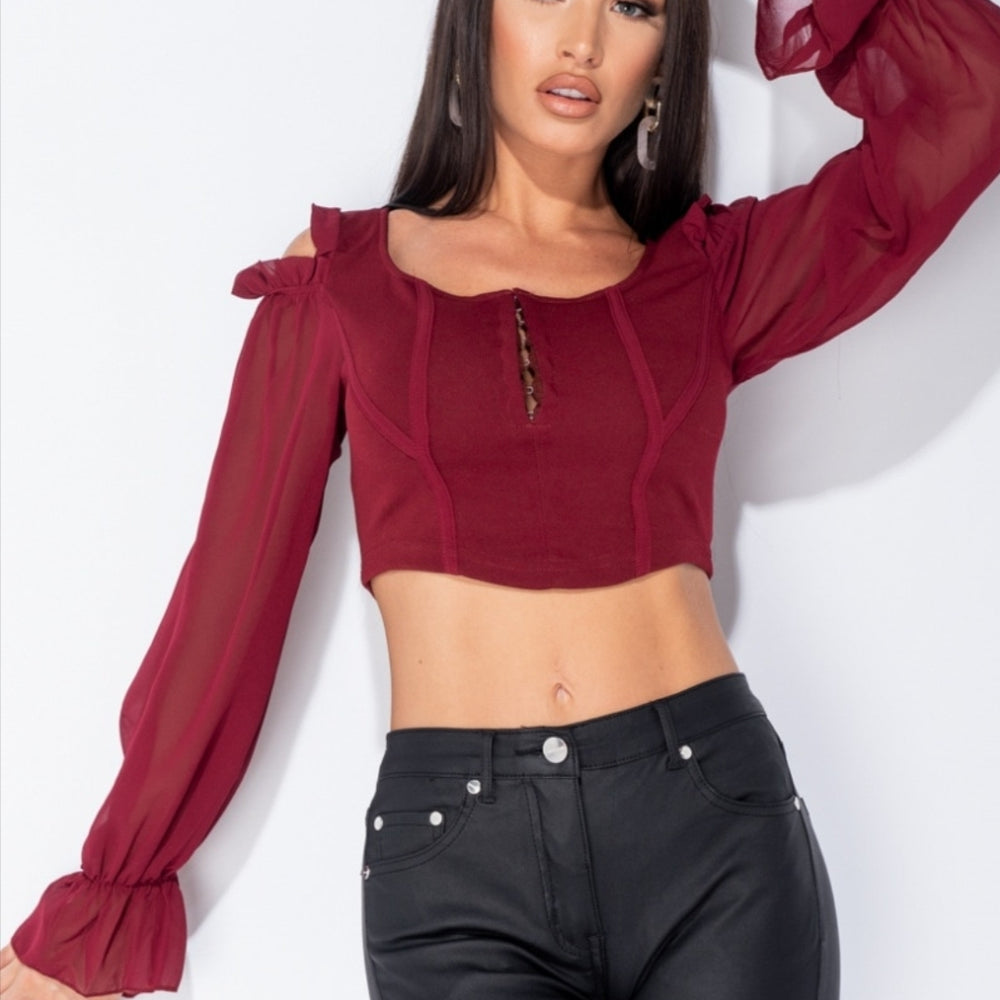 
                      
                        Wine Sheer Sleeve Hook & Eye Fastening Cold Shoulder Crop Top
                      
                    