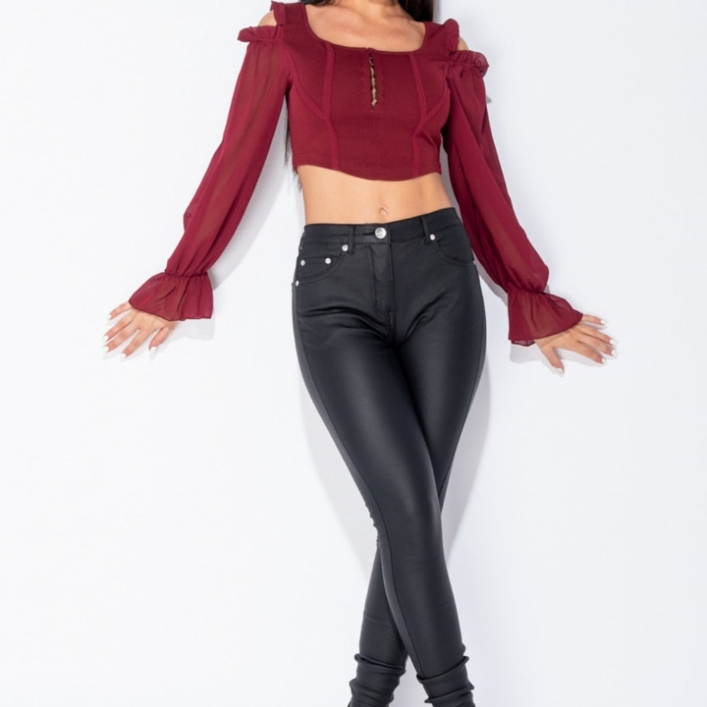 
                      
                        Wine Sheer Sleeve Hook & Eye Fastening Cold Shoulder Crop Top
                      
                    