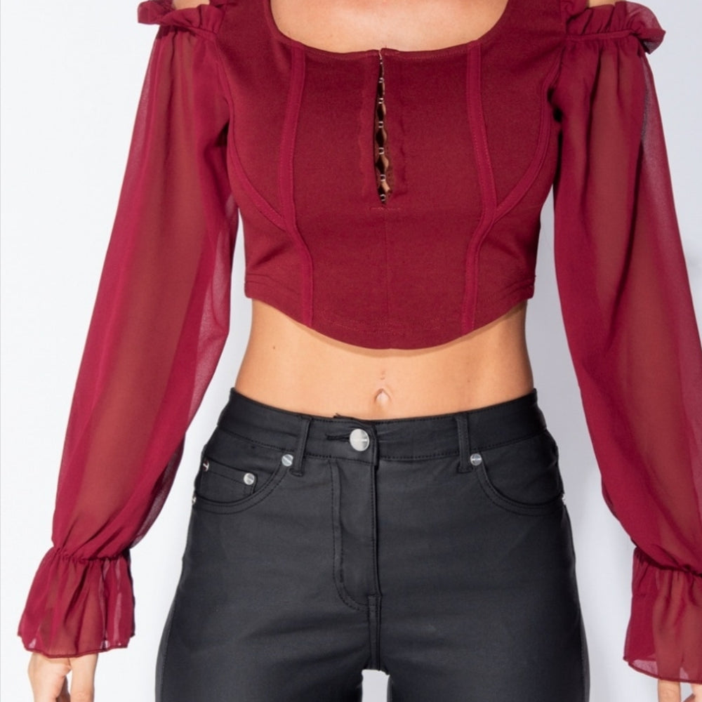 
                      
                        Wine Sheer Sleeve Hook & Eye Fastening Cold Shoulder Crop Top
                      
                    