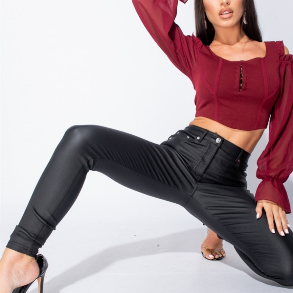 Wine Sheer Sleeve Hook & Eye Fastening Cold Shoulder Crop Top