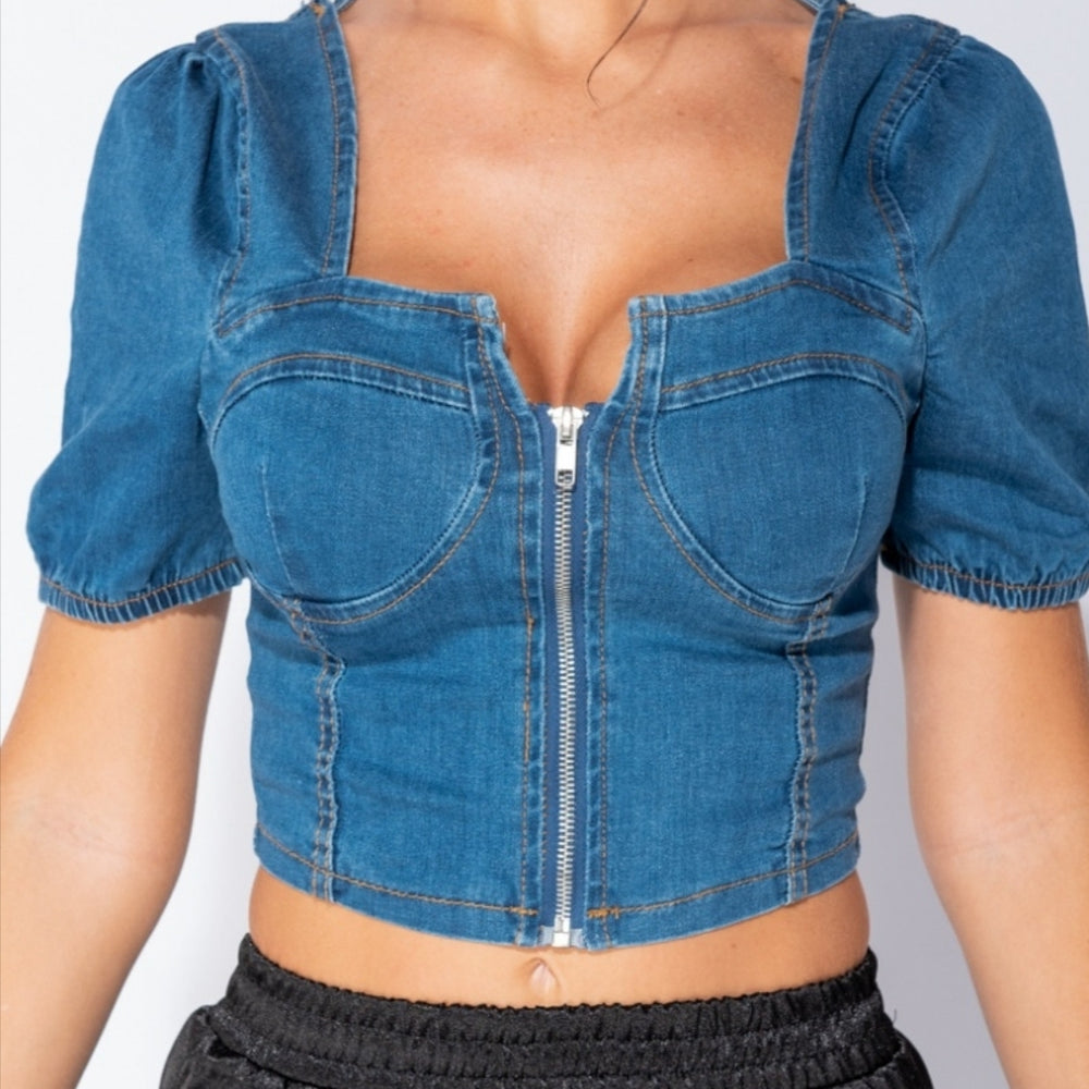 
                      
                        Bustier Detail Zip Front Puff Sleeve Denim Crop Top
                      
                    