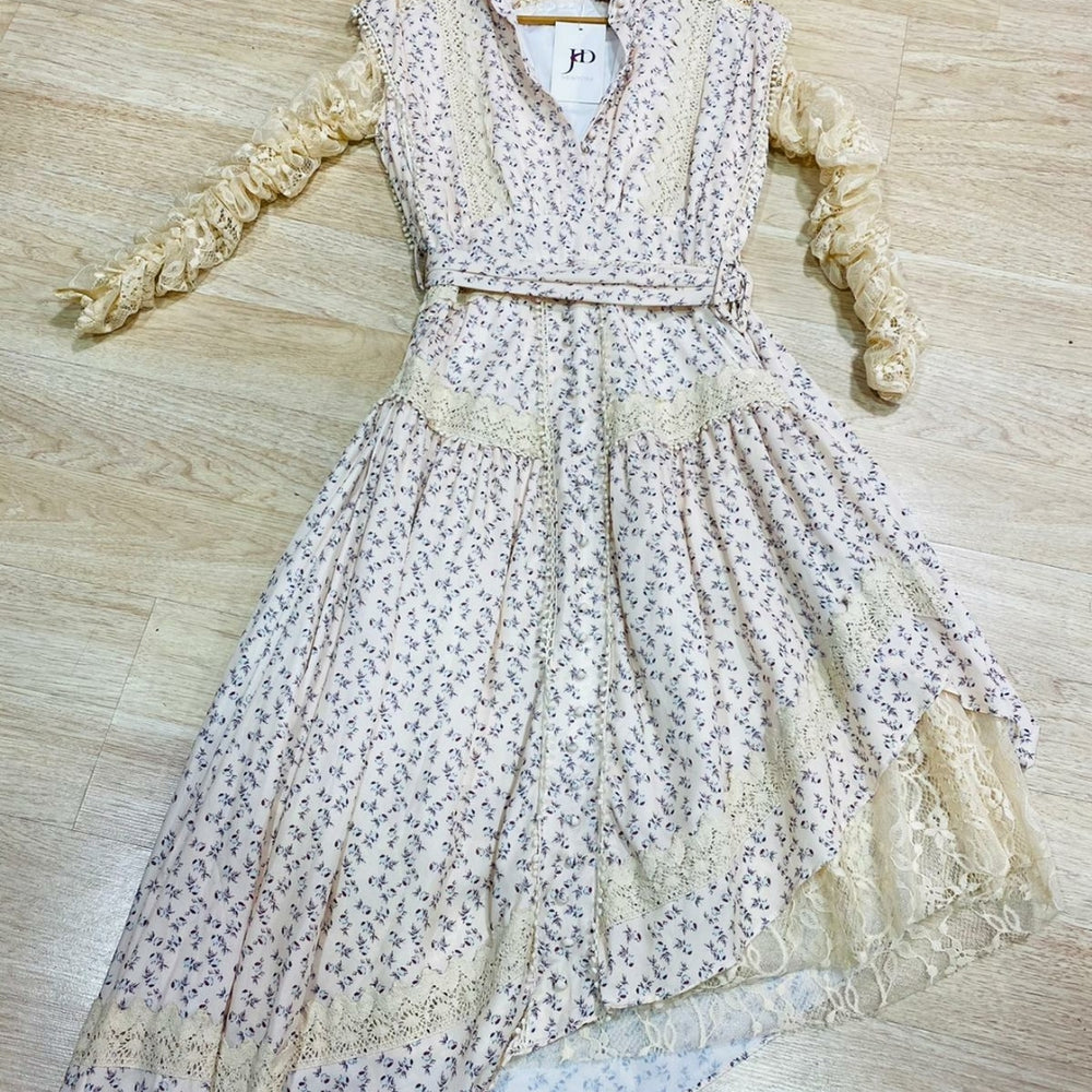 Crochet Trimmed Floral Print Lace Assymetric Dress