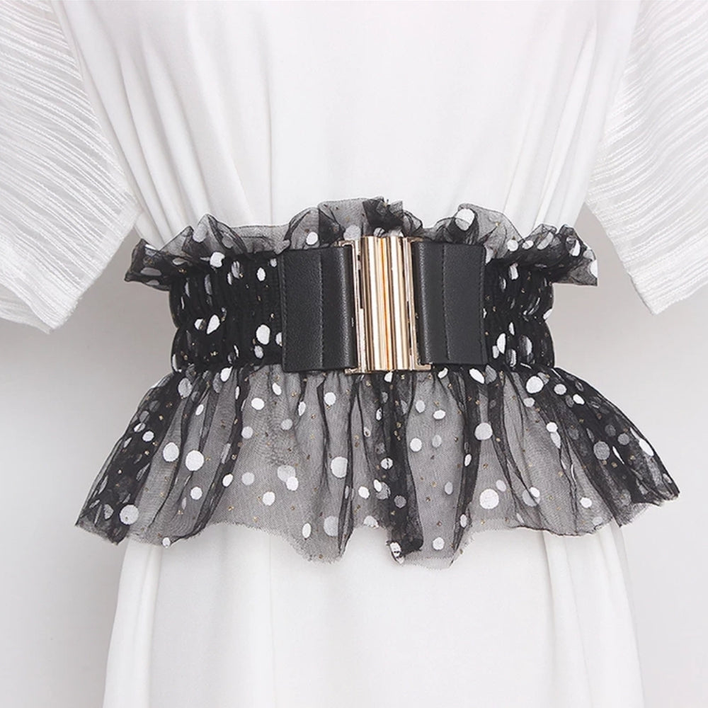 
                      
                        Metal Buckle Mesh Ruffles Split Joint Wide Belt
                      
                    