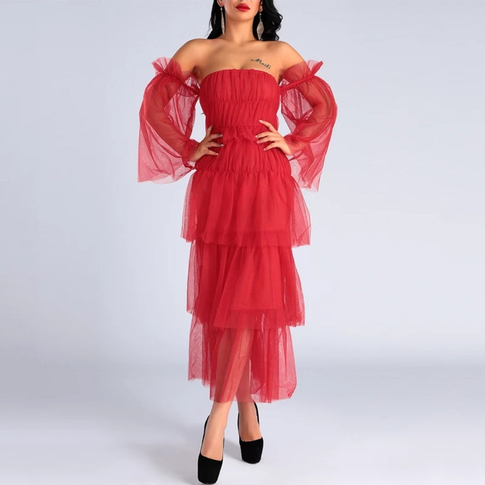 Sexy Solid Red Tiered Ruffles Dress