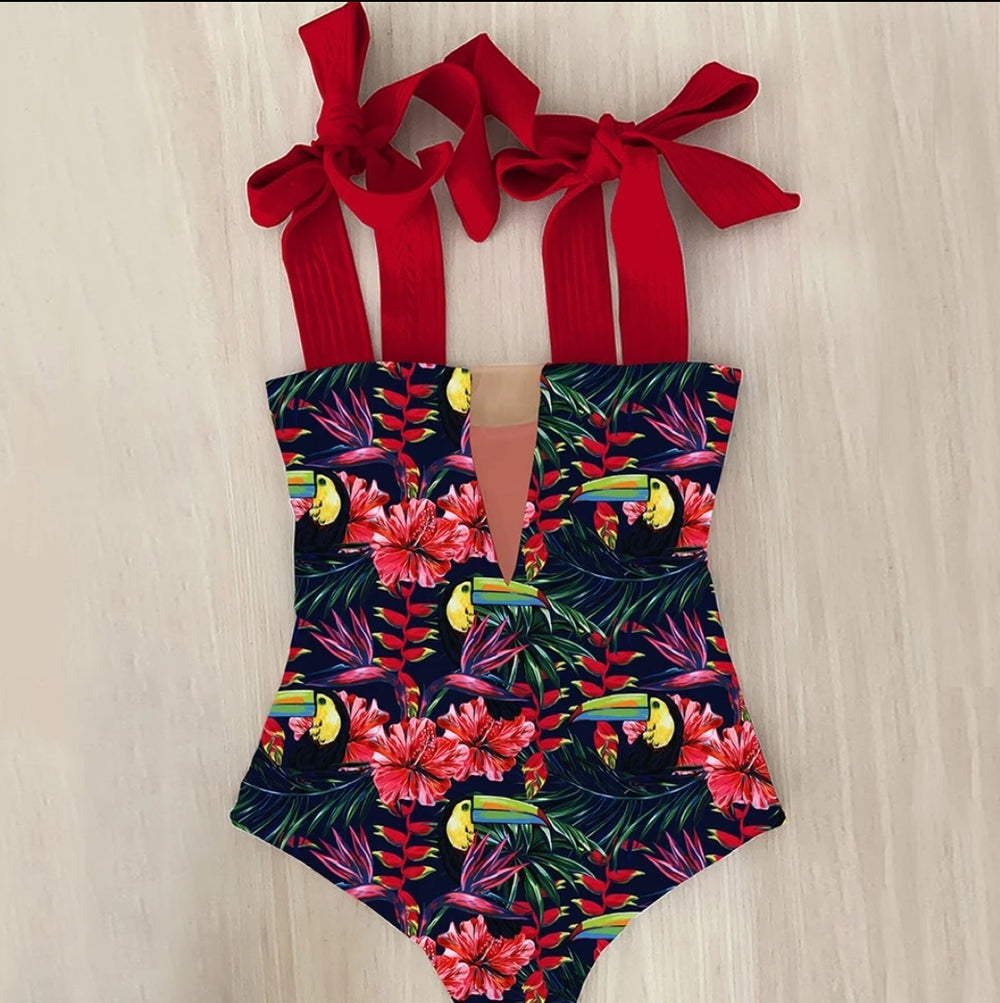 Multi Print Bow Swimwear Hollow Out Bathing Suit