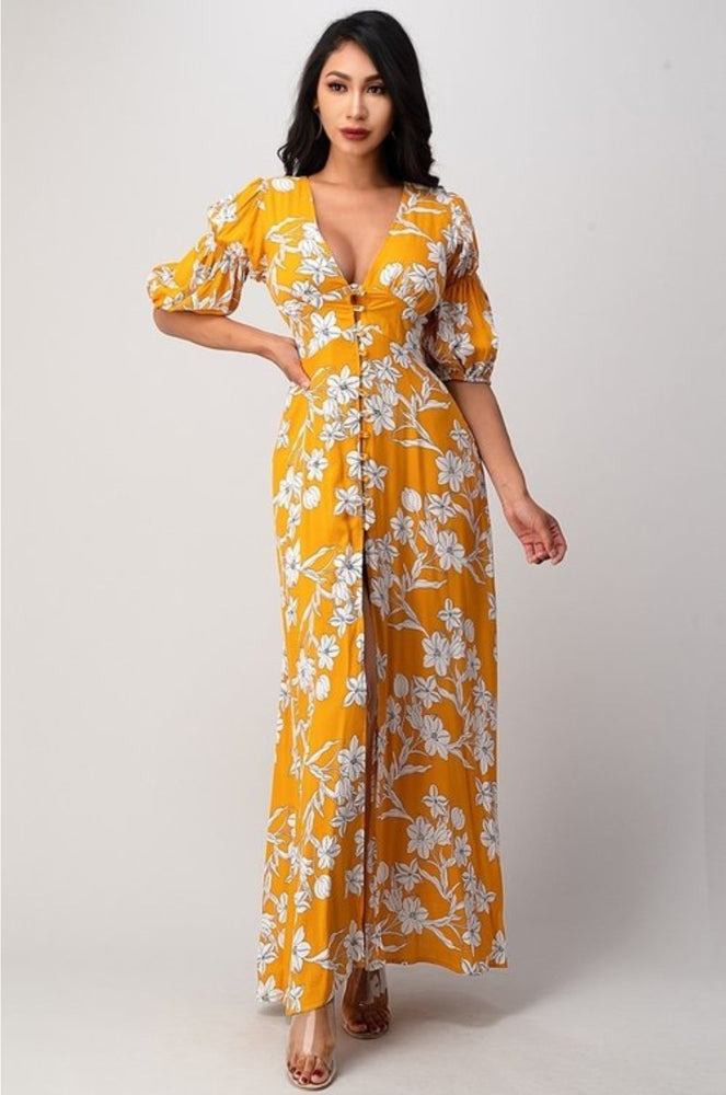 Chicways Yellow Printed Floral Maxi Dress