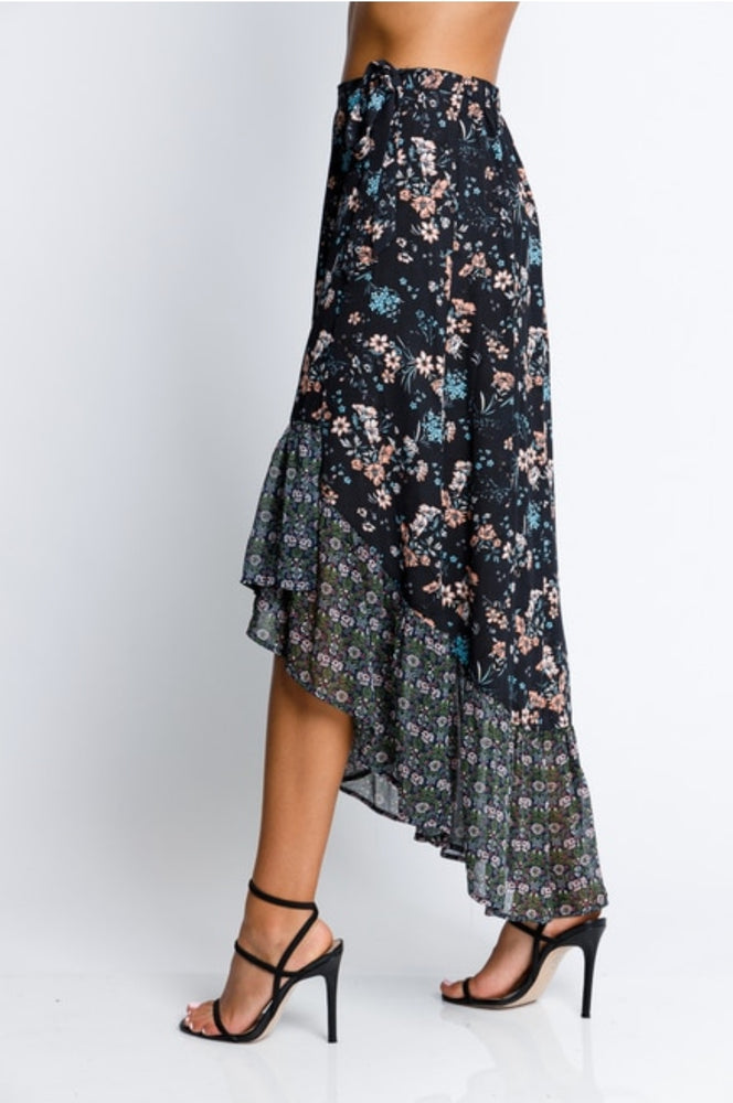 Black Floral Ruffled Hi-Low Skirt