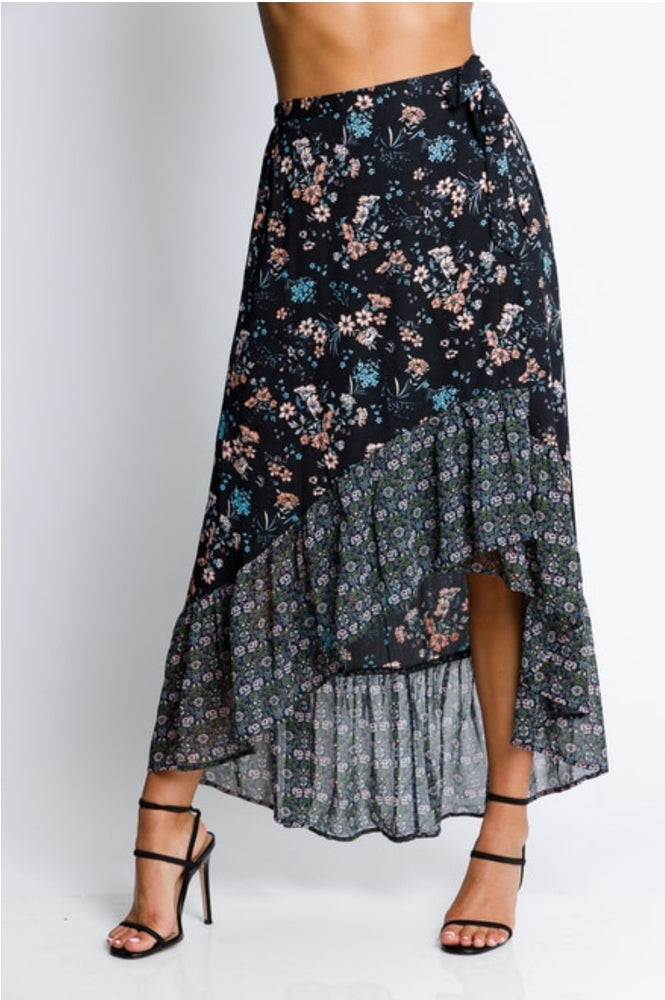 
                      
                        Black Floral Ruffled Hi-Low Skirt
                      
                    