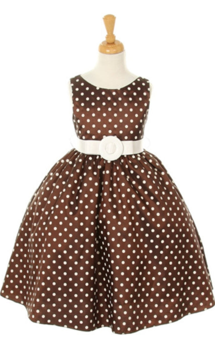 Brown Polka Dot Taffeta Tea Length Dress