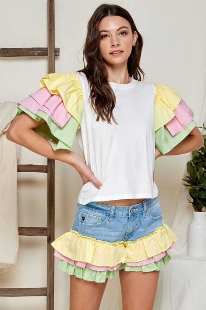 
                      
                        Multi Color Tiered Ruffle Sleeve T-shirt Top
                      
                    