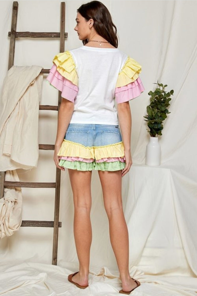 
                      
                        Multi Color Tiered Ruffle Sleeve T-shirt Top
                      
                    