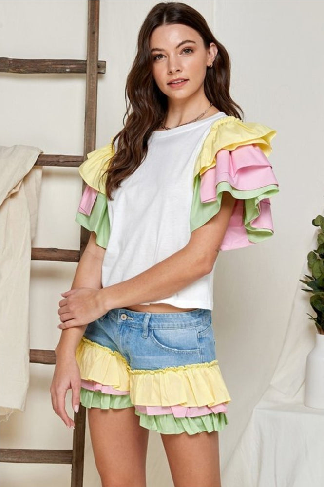 
                      
                        Multi Color Tiered Ruffle Sleeve T-shirt Top
                      
                    