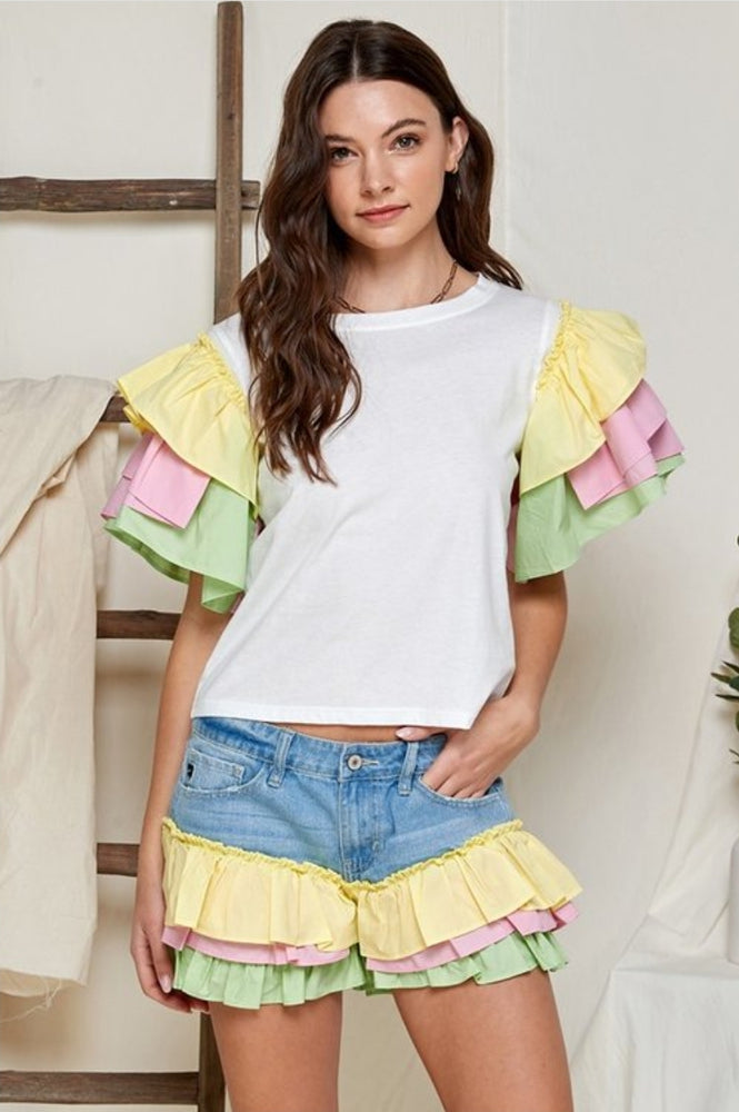 
                      
                        Multi Color Tiered Ruffle Sleeve T-shirt Top
                      
                    