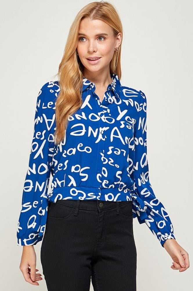 Printed Button Down Top Blue