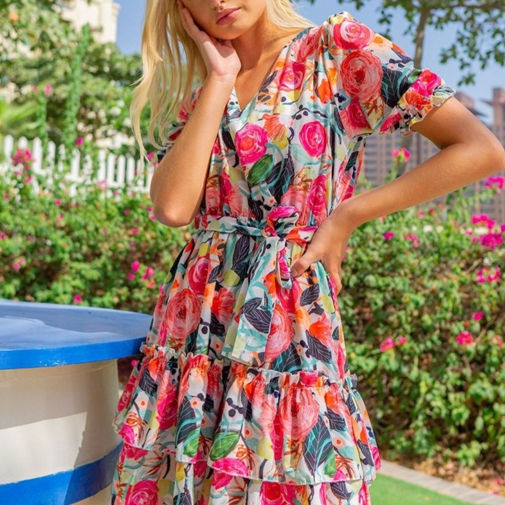 
                      
                        Floral V Neck Puff Sleeve Tiered Dress
                      
                    