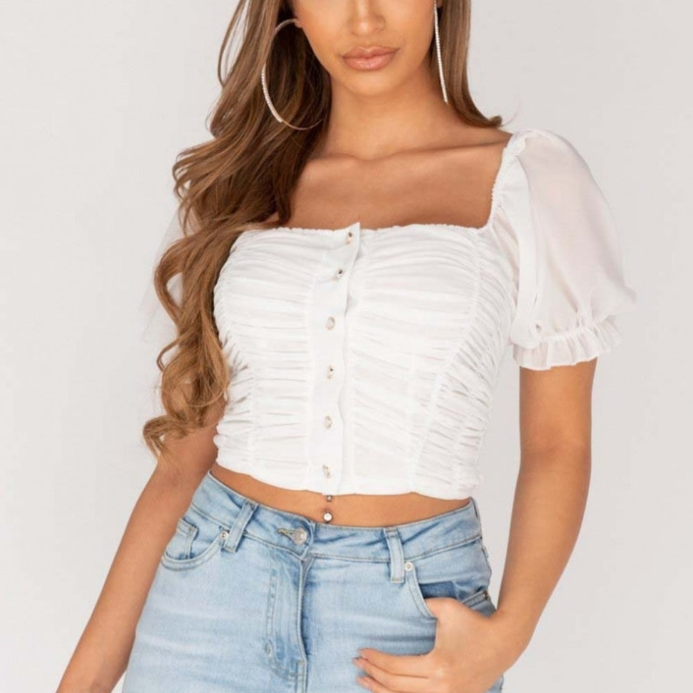 Ruched Button Front Puff Sleeve Crop Top