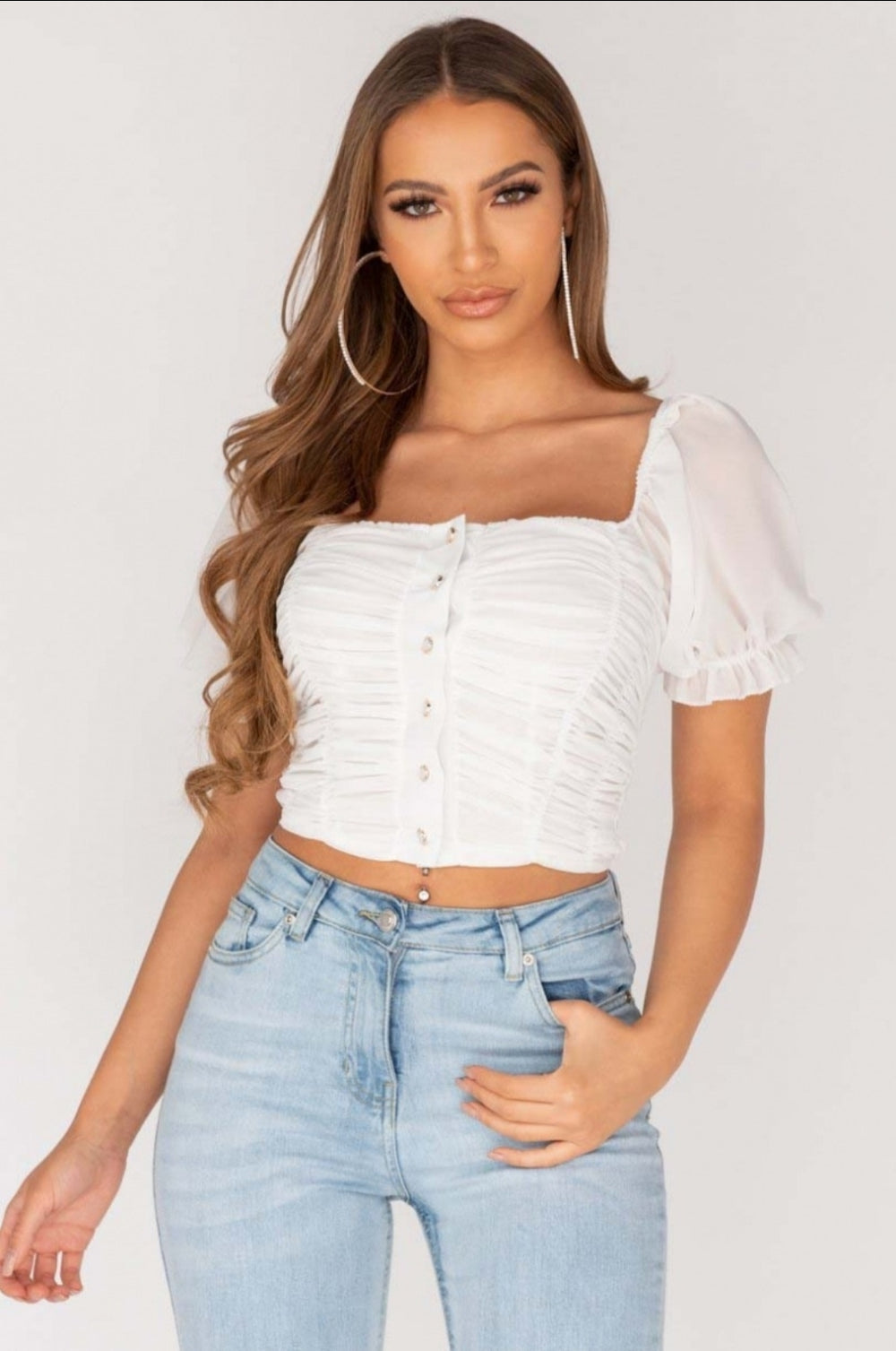 Ruched Button Front Puff Sleeve Crop Top