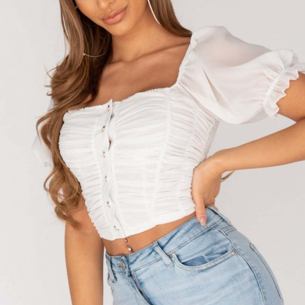 
                      
                        Ruched Button Front Puff Sleeve Crop Top
                      
                    