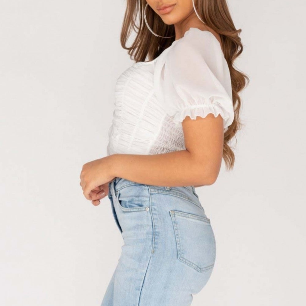 
                      
                        Ruched Button Front Puff Sleeve Crop Top
                      
                    