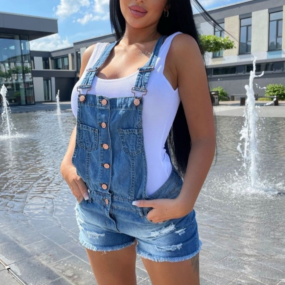 
                      
                        Light Blue Distressed Denim Dungaree Shorts
                      
                    