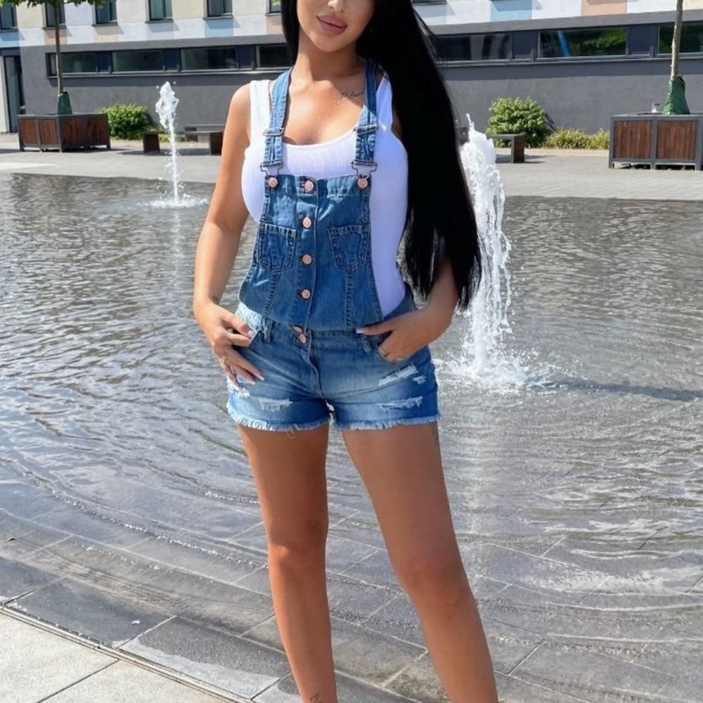 Light Blue Distressed Denim Dungaree Shorts