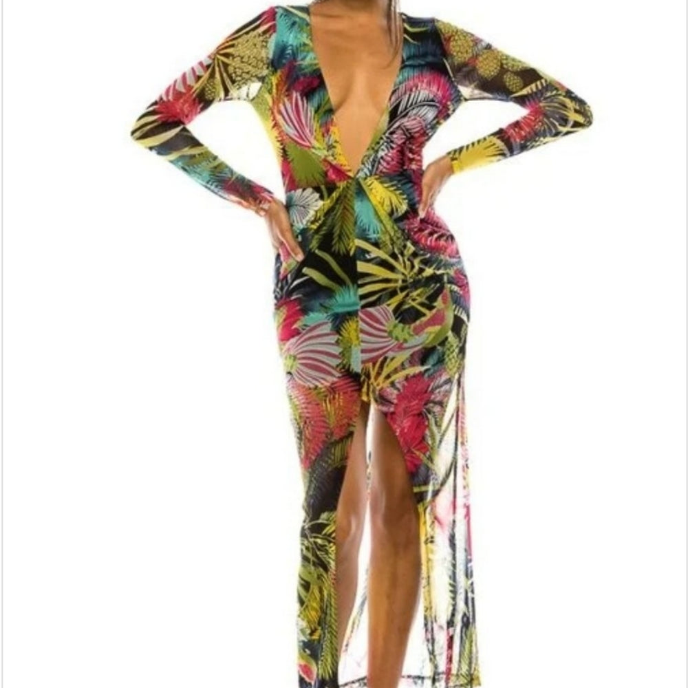 
                      
                        Sexy Tropical Printed V-Neck Mesh Dress
                      
                    