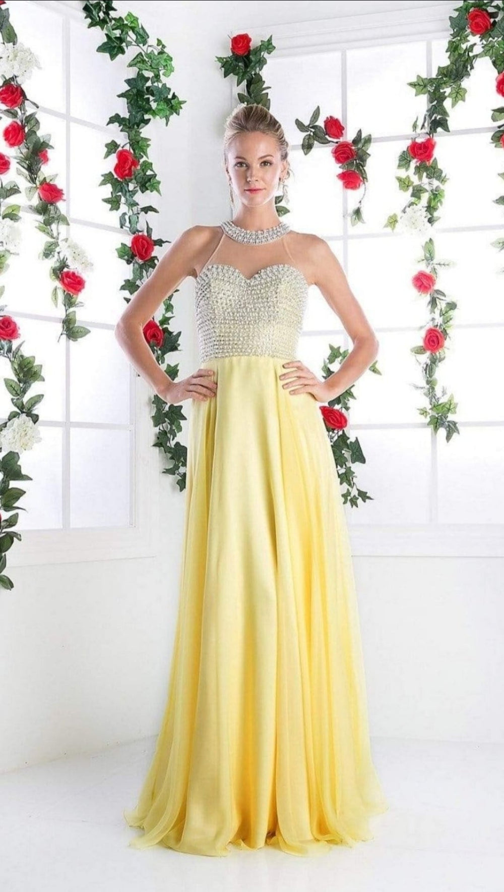 Cinderella Divine Chiffon Beaded Gown Yellow