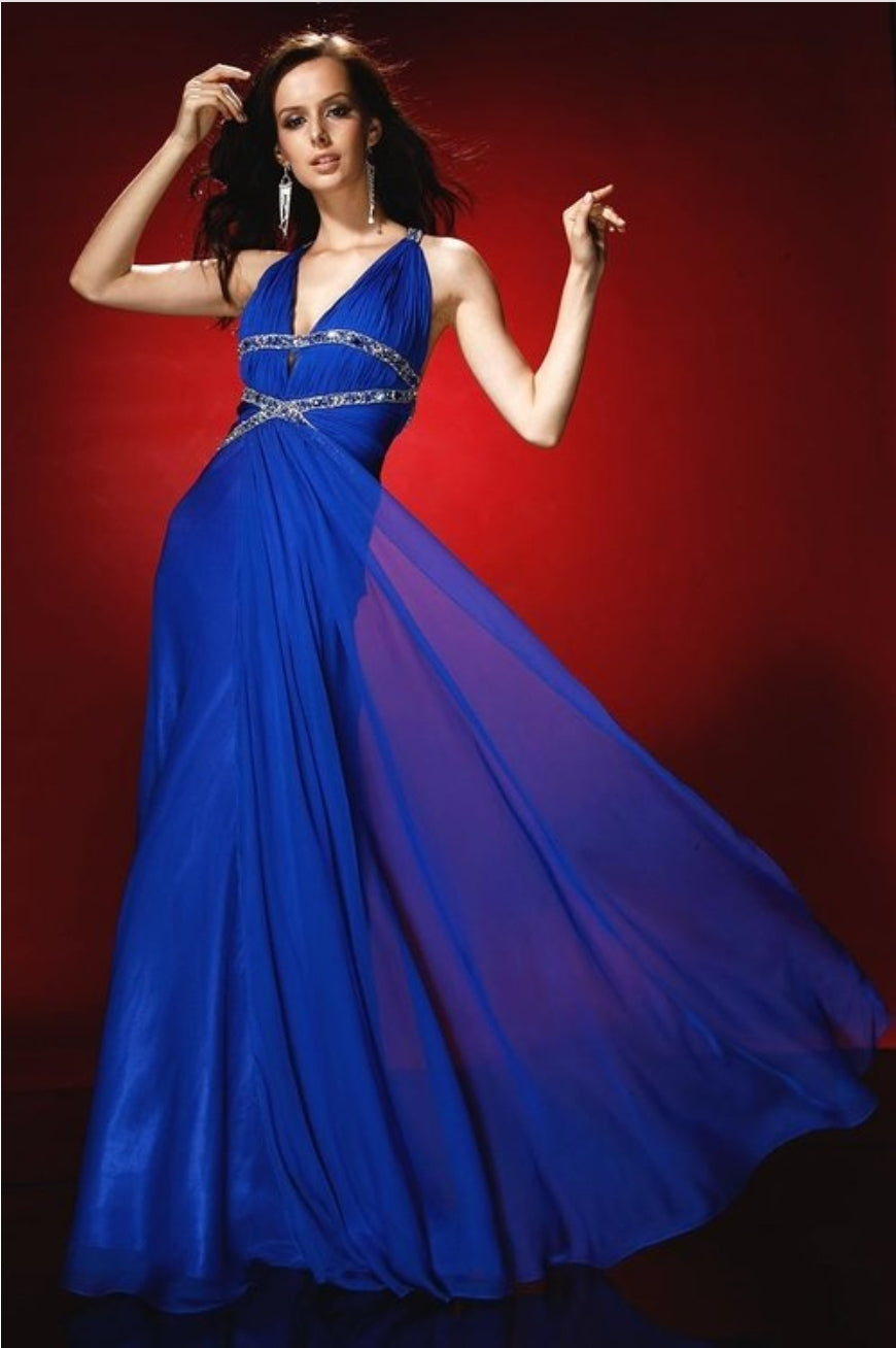 V-Neck Empire Evening Gown Blue