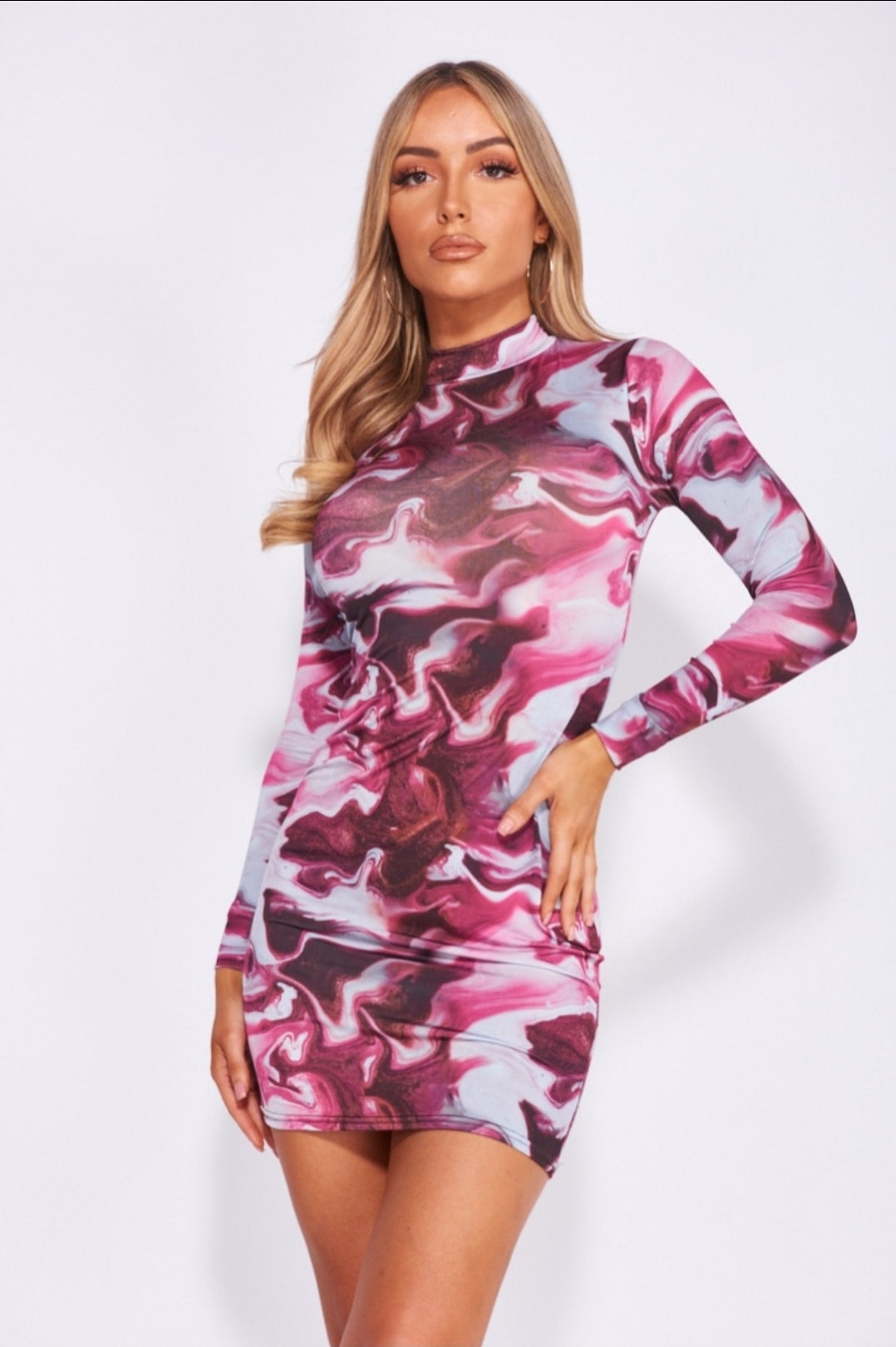 Plum Marble High Neck Long Sleeve Mini Dress