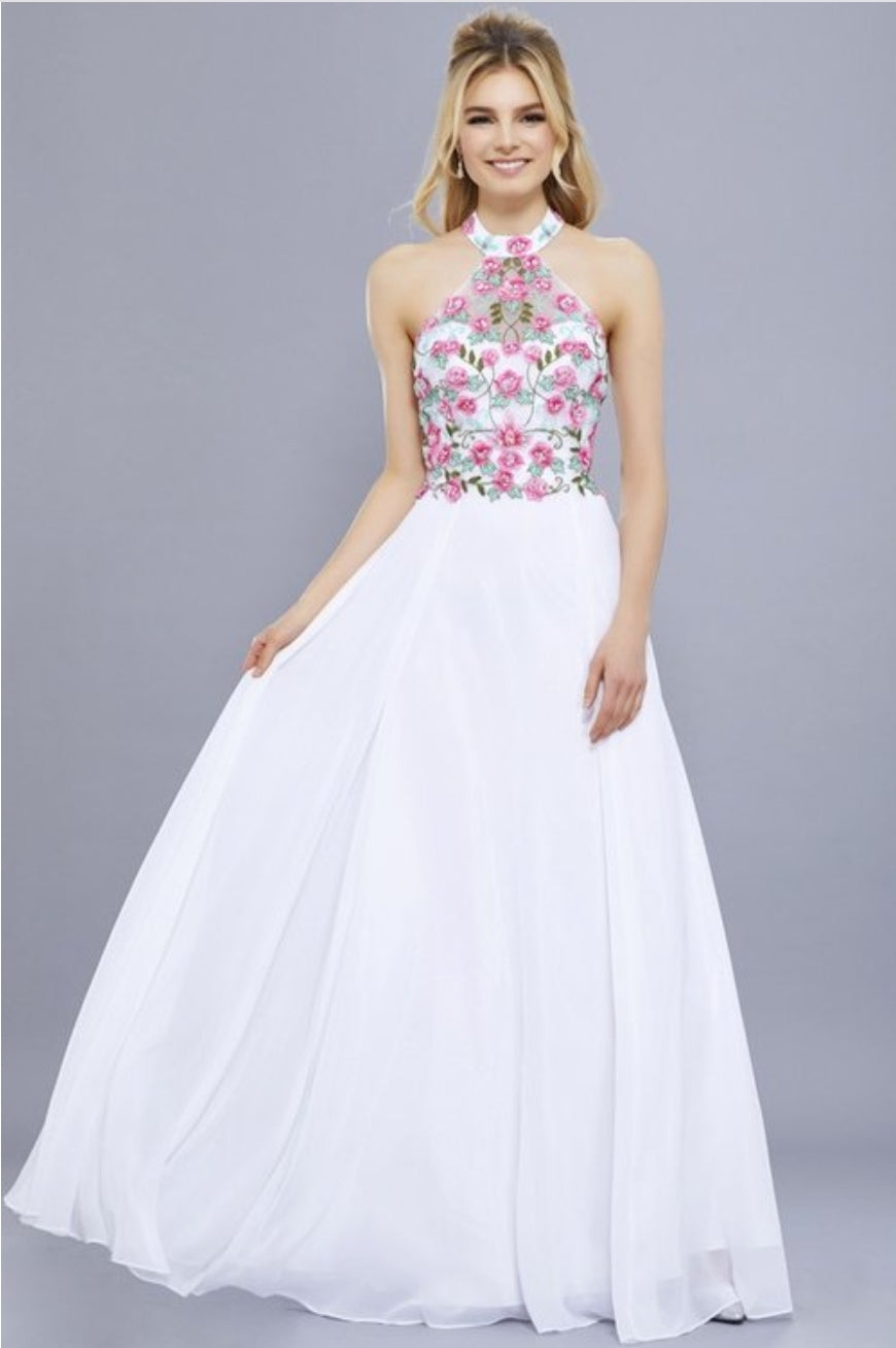 Floral Embroidered Halter Gown White