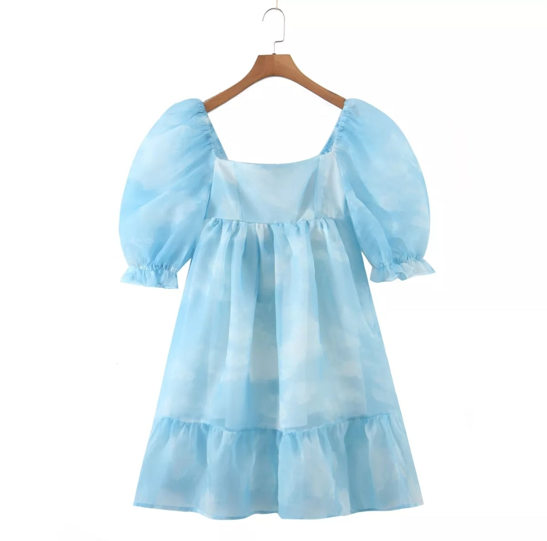 Blue Tie Dye Organza Summer Midi Dress