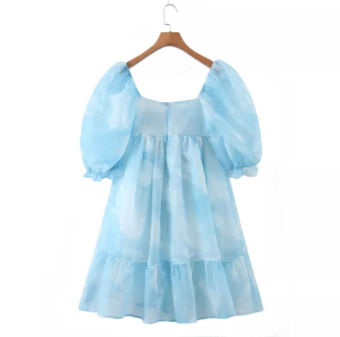 Blue Tie Dye Organza Summer Midi Dress