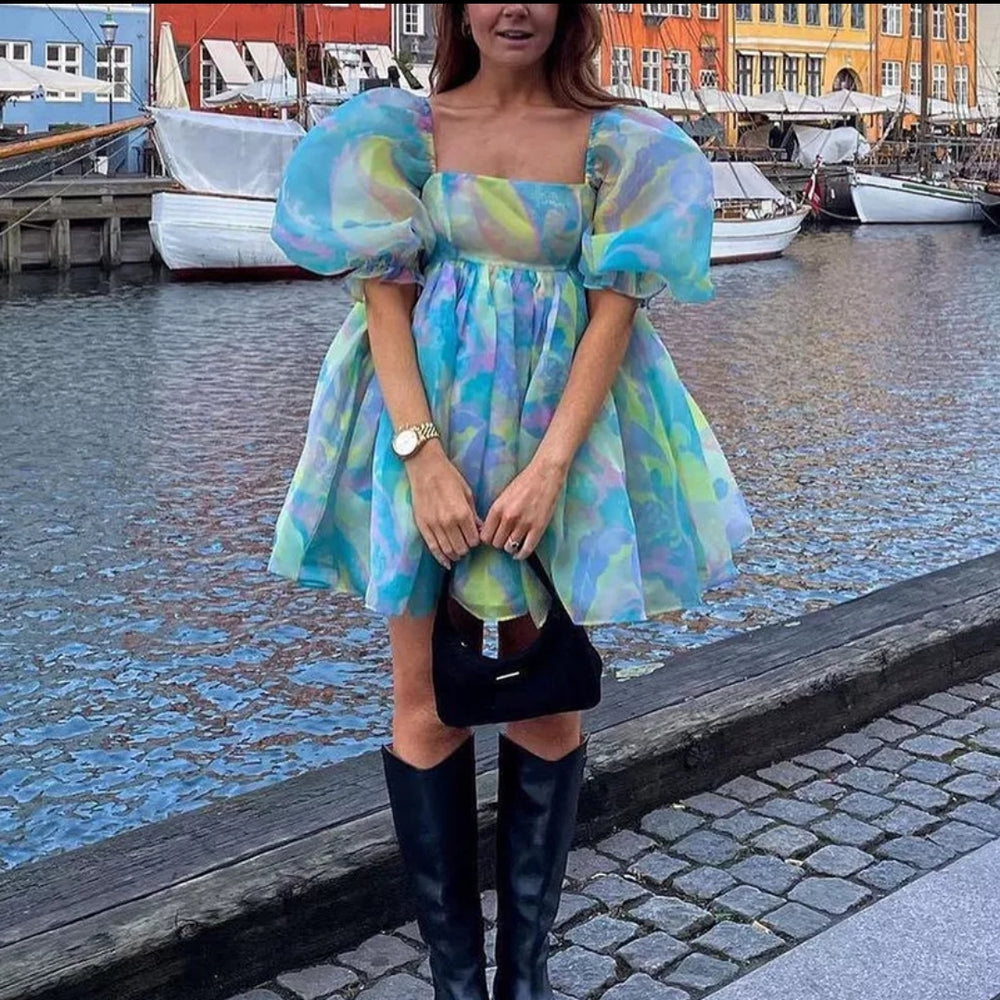 
                      
                        Babydoll Blue Tie Dye Puff Sleeve Mini Dress
                      
                    