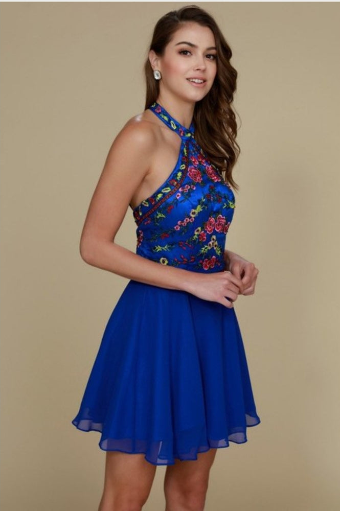 
                      
                        Embroidered Halter Short Dress
                      
                    