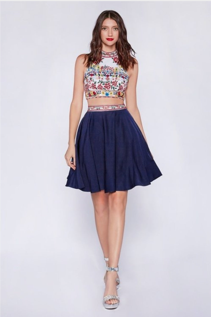 Two Piece Short Dress With Embroidered Top