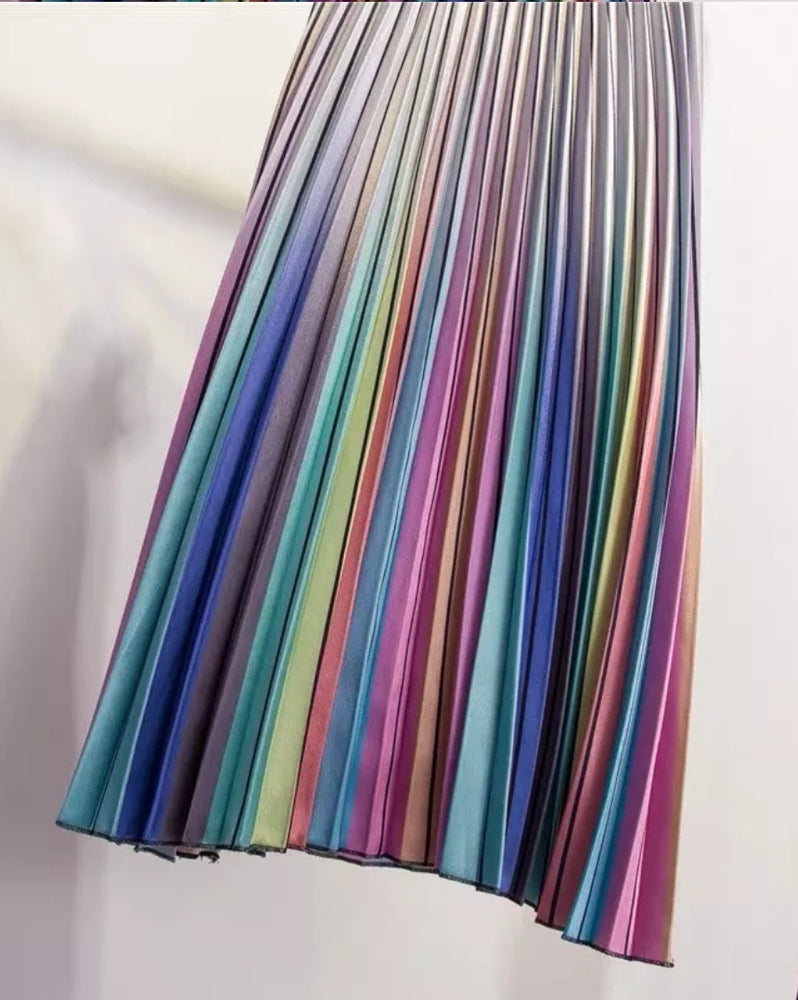 Rainbow Ombre Stripe Pleated Skirt