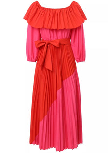  Color Block Off-Shoulder Pleated Maxi Dress