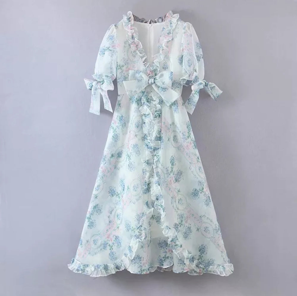 Floral Vintage Princess Organza Maxi Dress Blue