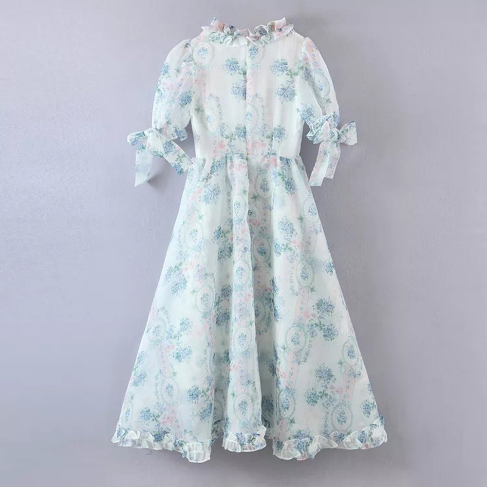 Floral Vintage Princess Organza Maxi Dress Blue