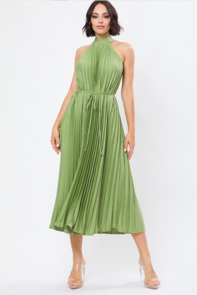 Pleated Olive Green Midi Dress