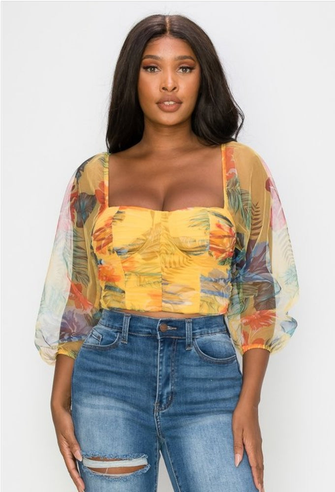 
                      
                        Mesh Print Elbow Sleeve Top
                      
                    